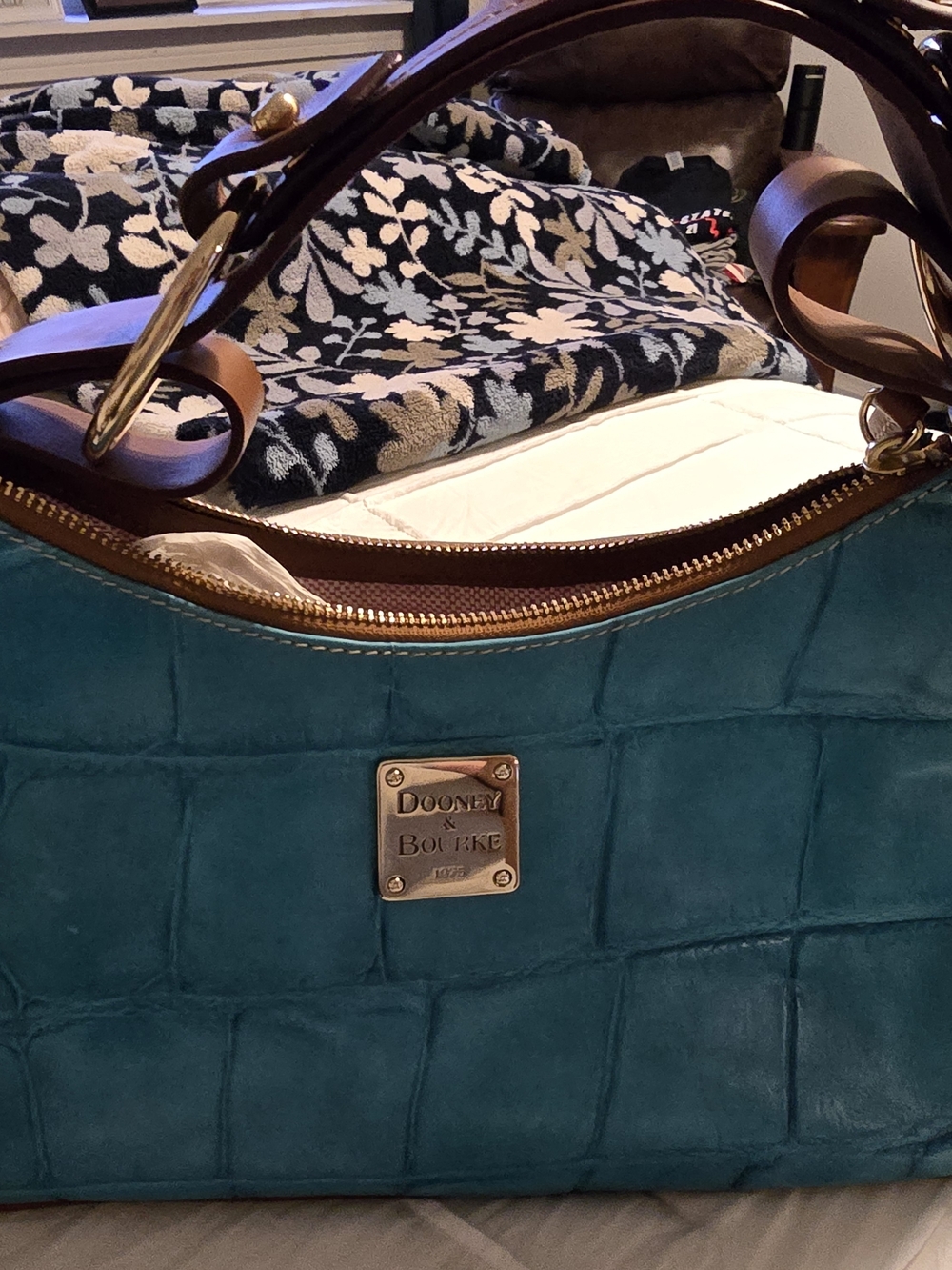 Dooney & Bourke Teal Croc-Embossed Leather Shoulder Bag with Brown Handles